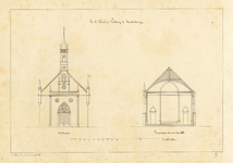 135121 Opstand van de voorgevel (links) en doorsnede (rechts) van de rooms-katholieke kerk en pastorie in Soesterberg.